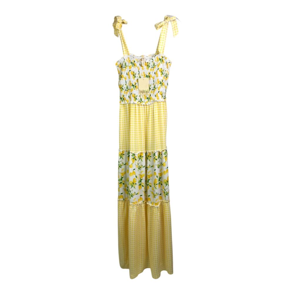 Bebop Sundress Wns Sz M Yellow Lemon pattern Gingham Elastic Bust Tie Straps NWT